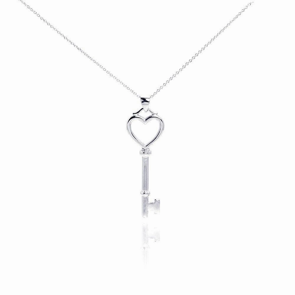 Silver 925 Rhodium Plated Clear CZ Heart Key Pendant Necklace - STP00979