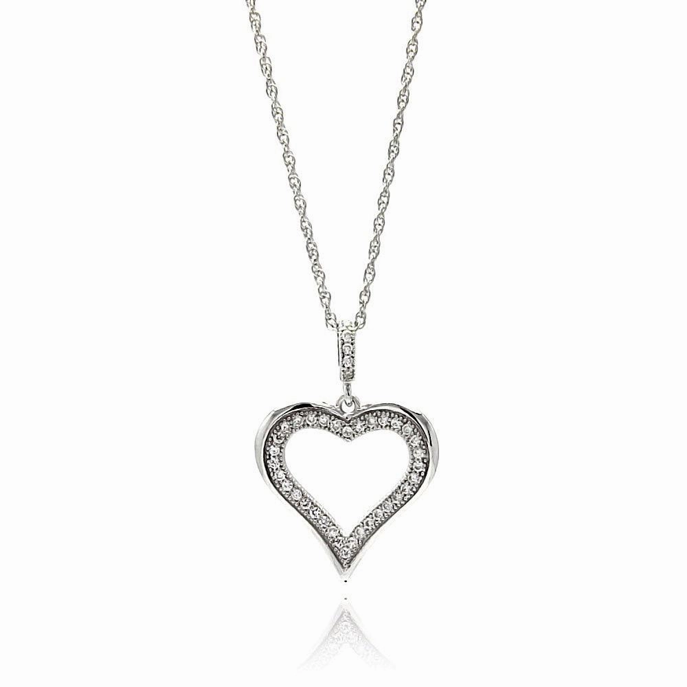 Silver 925 Rhodium Plated Clear CZ Heart Pendant Necklace - STP01353