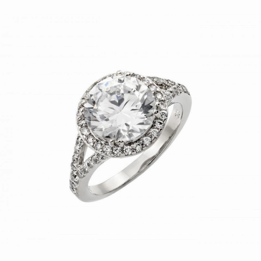 Silver 925 Rhodium Plated Clear Round and Cluster CZ Bridal Ring - BGR00873