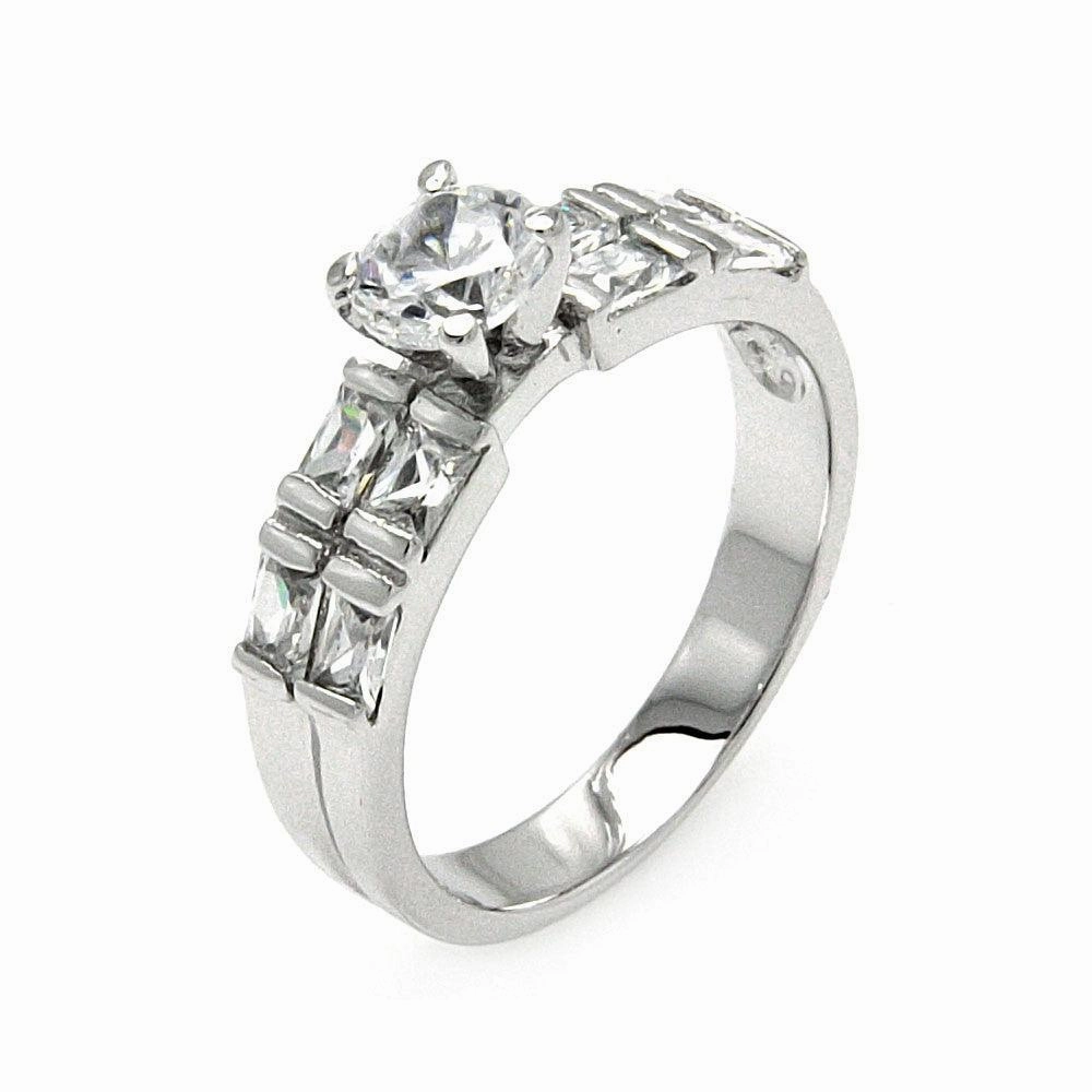 Silver 925 Rhodium Plated Clear Round Center Square Side Rows CZ Bridal Ring - BGR00576