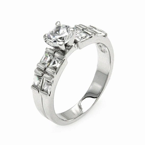 Silver 925 Rhodium Plated Clear Round Center Square Side Rows CZ Bridal Ring - BGR00576