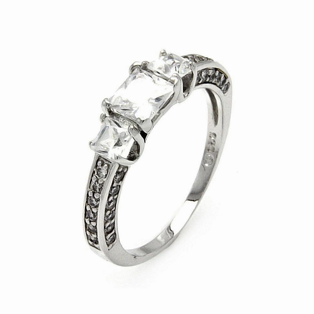 Silver 925 Rhodium Plated Clear Square CZ Bridal Past Present Future Ring - BGR00472