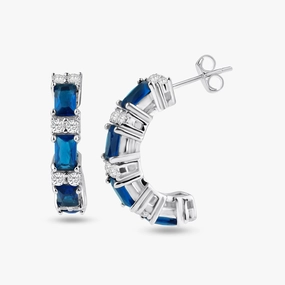 Silver 925 Rhodium Plated Crescent Blue Baguette CZ huggie hoop Earrings - STE00612