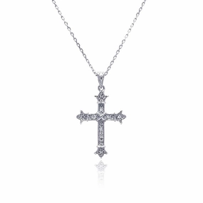 Silver 925 Rhodium Plated Cross CZ Necklace - BGP00480