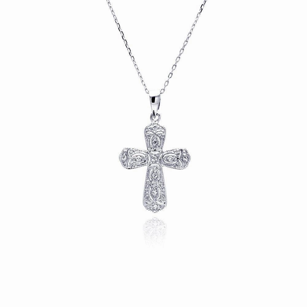 Silver 925 Rhodium Plated Cross CZ Necklace - BGP00483
