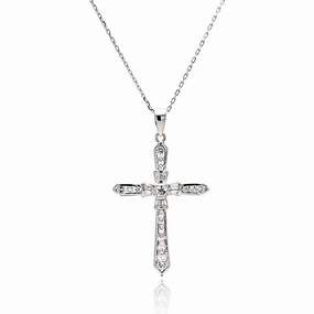 Silver 925 Rhodium Plated Cross CZ Necklace - BGP00511