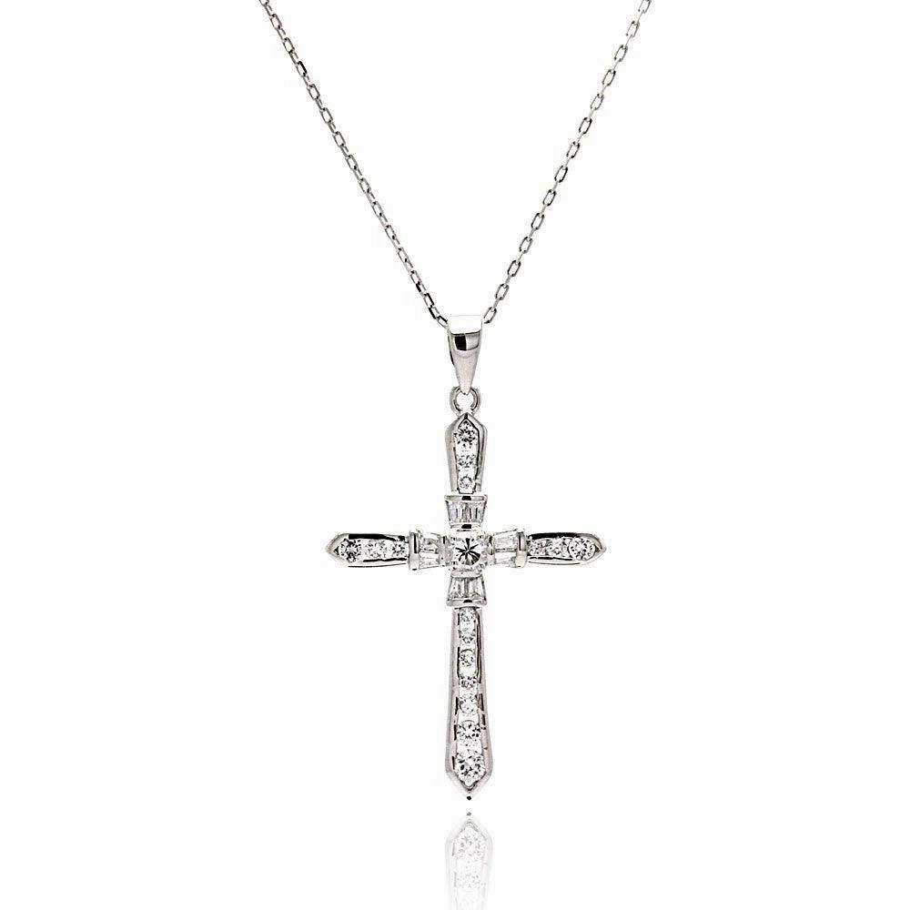 Silver 925 Rhodium Plated Cross CZ Necklace - BGP00511