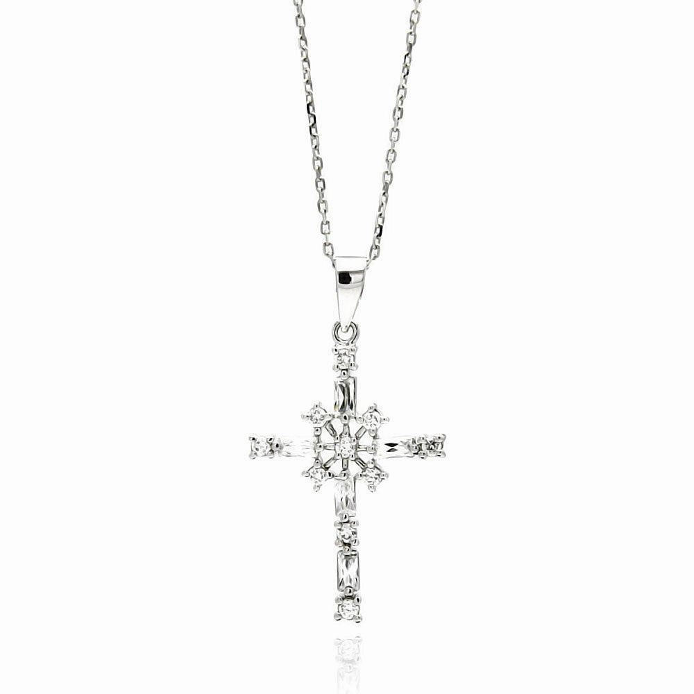 Silver 925 Rhodium Plated Cross CZ Necklace - BGP00554
