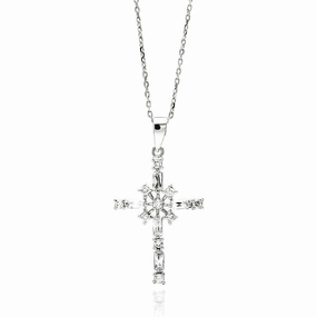 Silver 925 Rhodium Plated Cross CZ Necklace - BGP00554