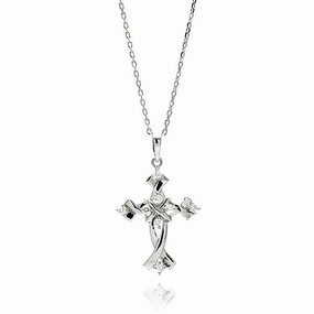 Silver 925 Rhodium Plated Cross CZ Necklace - BGP00615