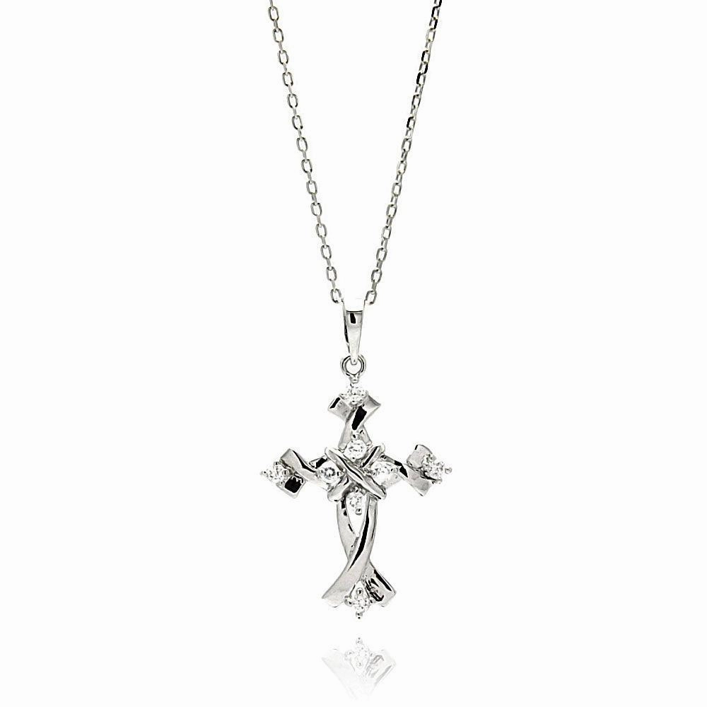 Silver 925 Rhodium Plated Cross CZ Necklace - BGP00615