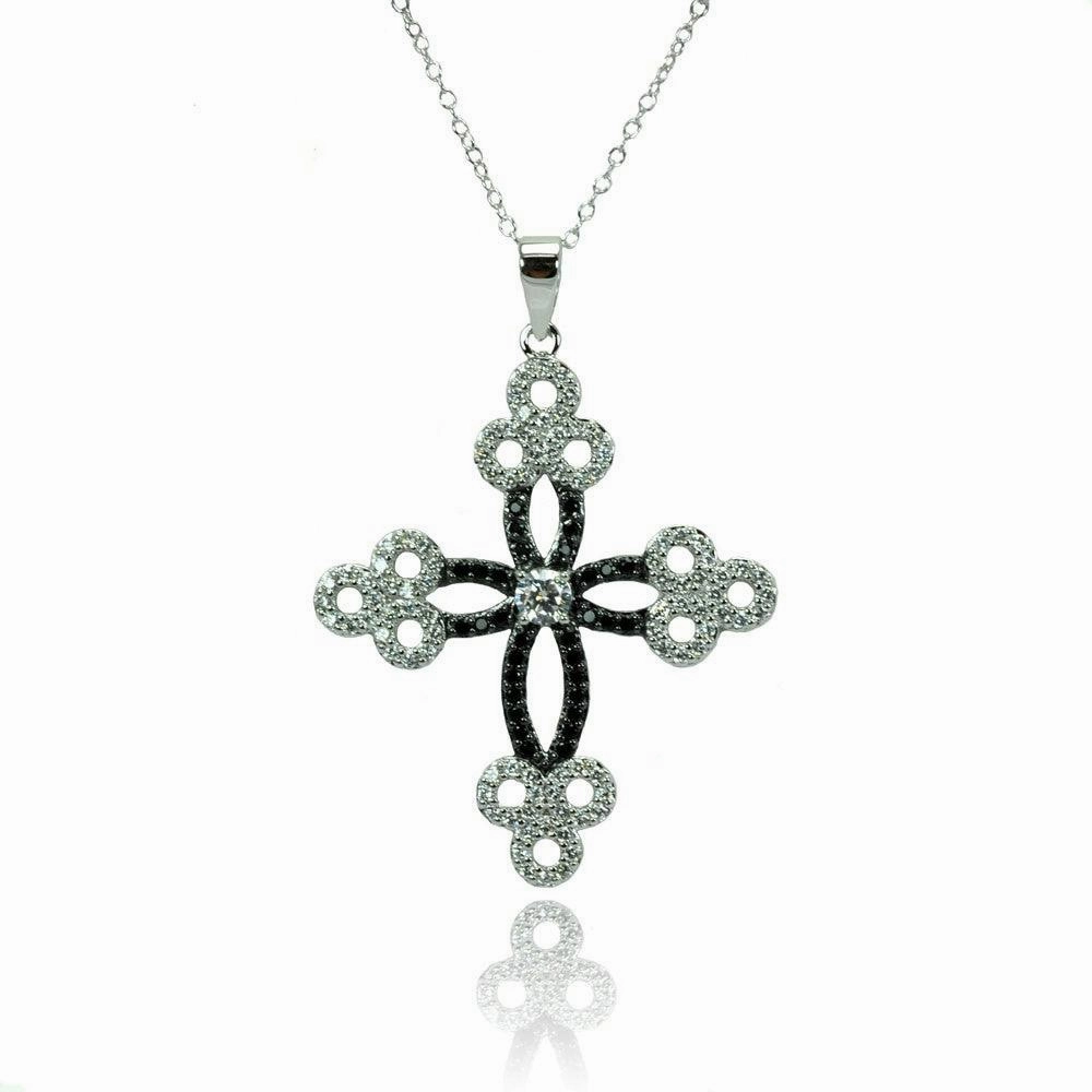 Silver 925 Rhodium Plated Cross CZ Necklace - BGP00777