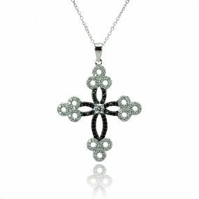 Silver 925 Rhodium Plated Cross CZ Necklace - BGP00777