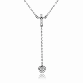 Silver 925 Rhodium Plated Cross with Hanging Heart Necklace - BGP01105