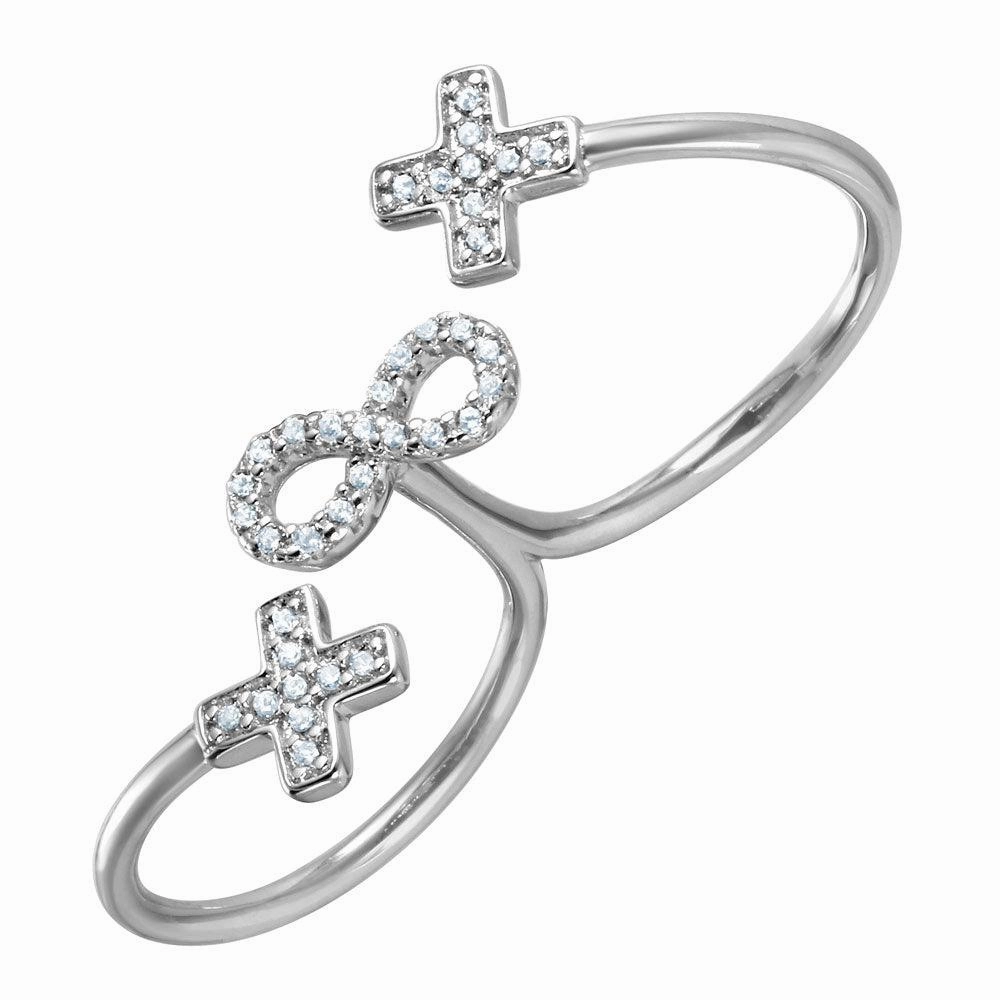 Silver 925 Rhodium Plated Crosses and Infinity CZ Two-Finger Open Ring - BGR00999