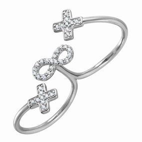 Silver 925 Rhodium Plated Crosses and Infinity CZ Two-Finger Open Ring - BGR00999