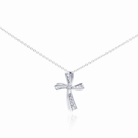 Silver 925 Rhodium Plated Curvy Cross CZ Necklace - BGP00298