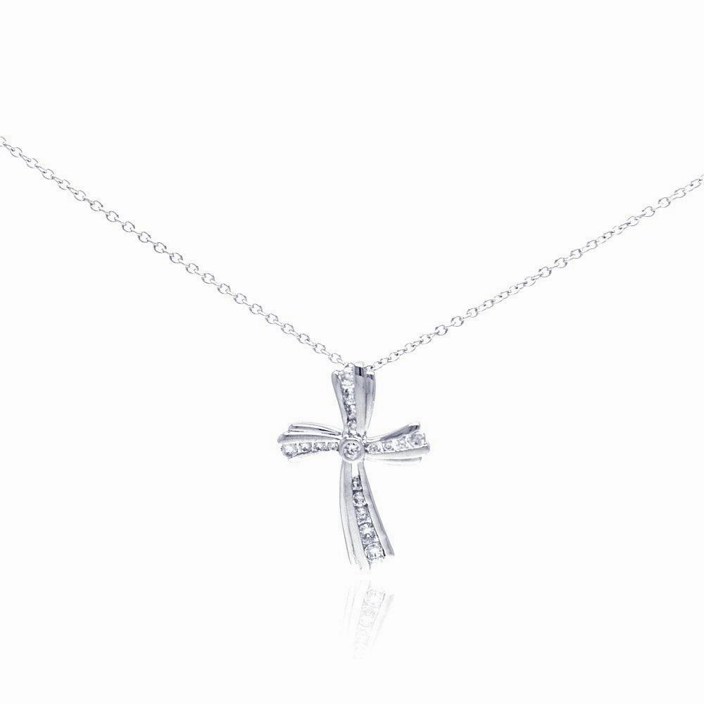 Silver 925 Rhodium Plated Curvy Cross CZ Necklace - BGP00298