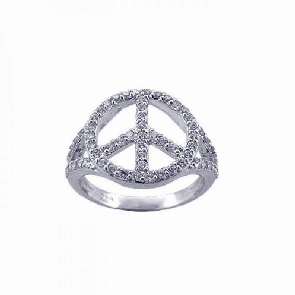 Silver 925 Rhodium Plated CZ Peace Sign Ring - STR00595