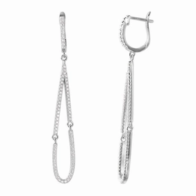 Silver 925 Rhodium Plated Dangling Open Tear Drop CZ huggie hoop Earrings - ACE00098RH