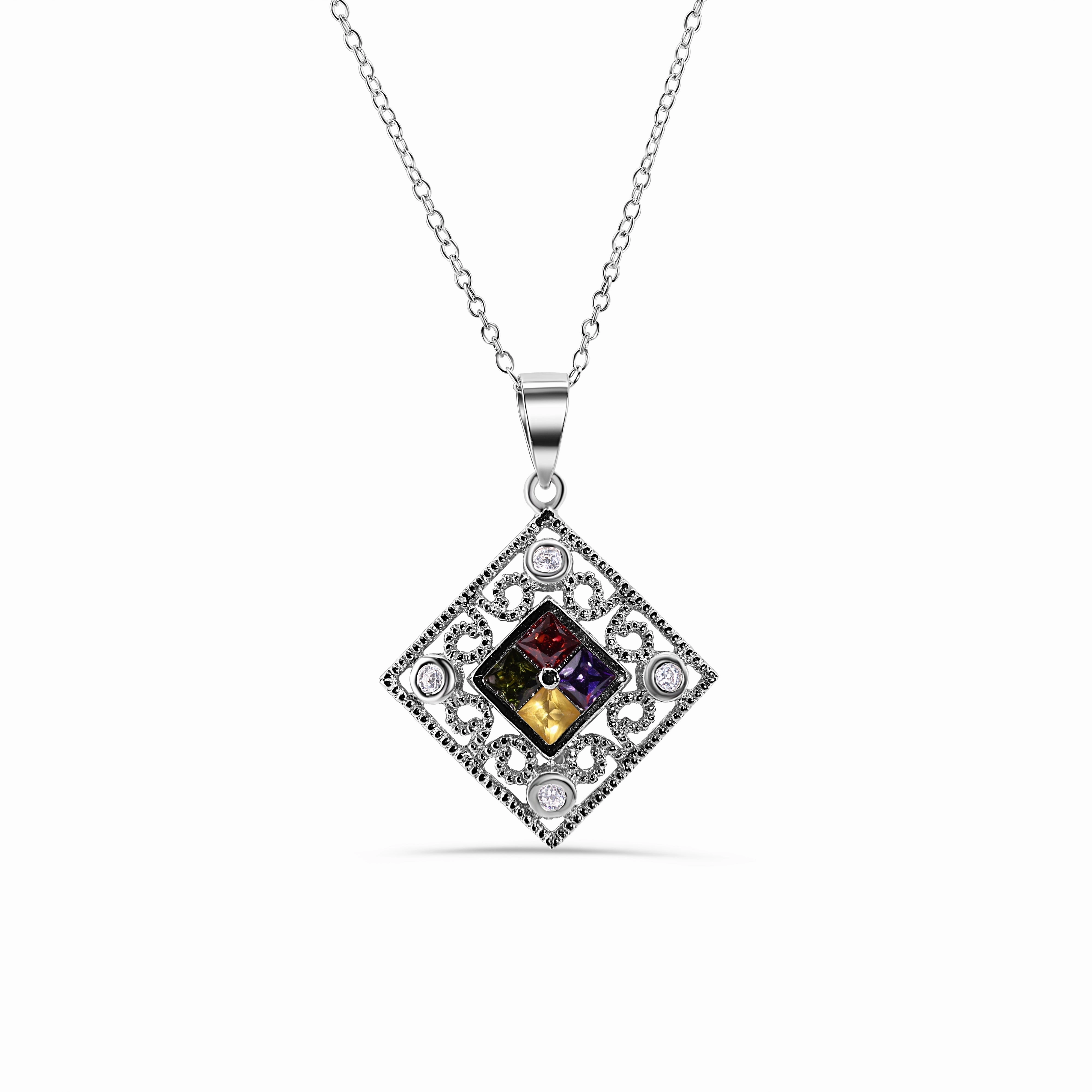Silver 925 Rhodium Plated Diamond Shape Faceted Multicolor CZ Necklace - BGP00467