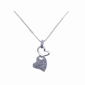 Silver 925 Rhodium Plated Double Dangling Heart Clear CZ Pave Pendant Necklace - BGP00257