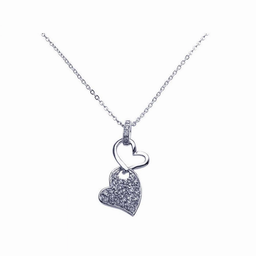 Silver 925 Rhodium Plated Double Dangling Heart Clear CZ Pave Pendant Necklace - BGP00257