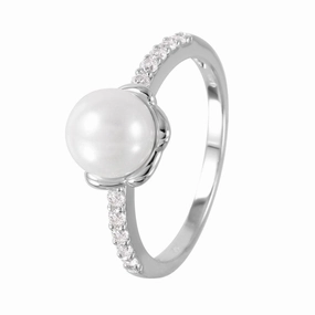 Silver 925 Rhodium Plated Faux Pearl CZ Accent Ring - GMR00056