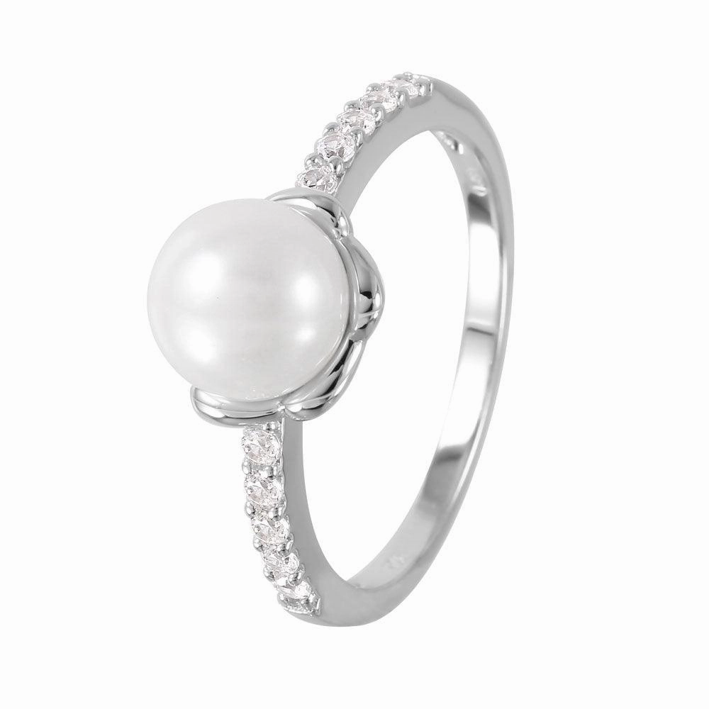 Silver 925 Rhodium Plated Faux Pearl CZ Accent Ring - GMR00056