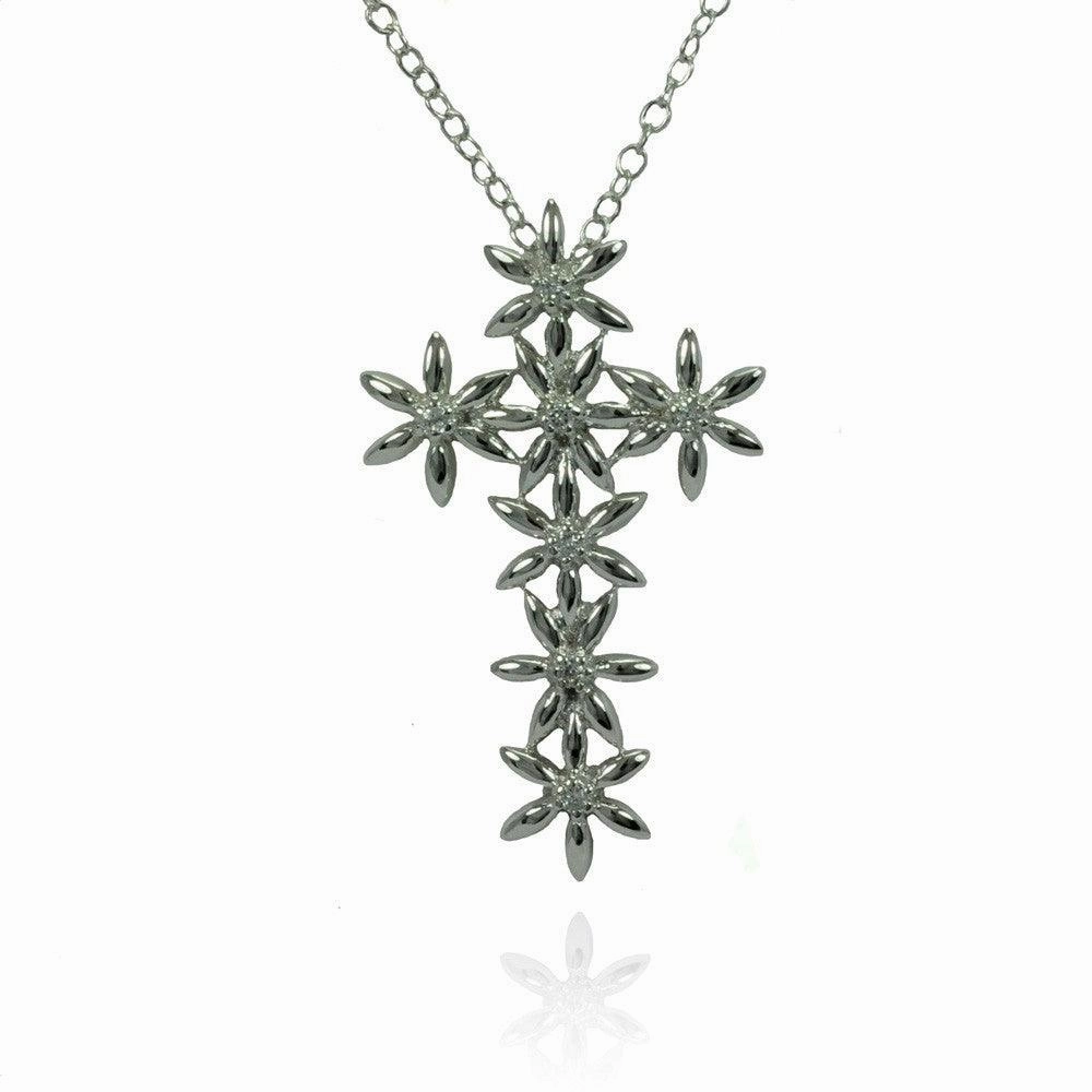 Silver 925 Rhodium Plated Flower Cross CZ Inlay Necklace - BGP00794