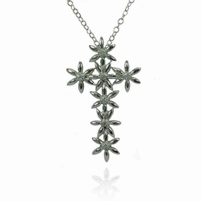 Silver 925 Rhodium Plated Flower Cross CZ Inlay Necklace - BGP00794