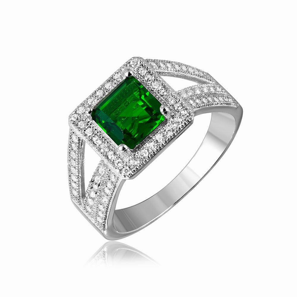 Silver 925 Rhodium Plated Green Square Halo with Micro Pave CZ Ring - GMR00103G