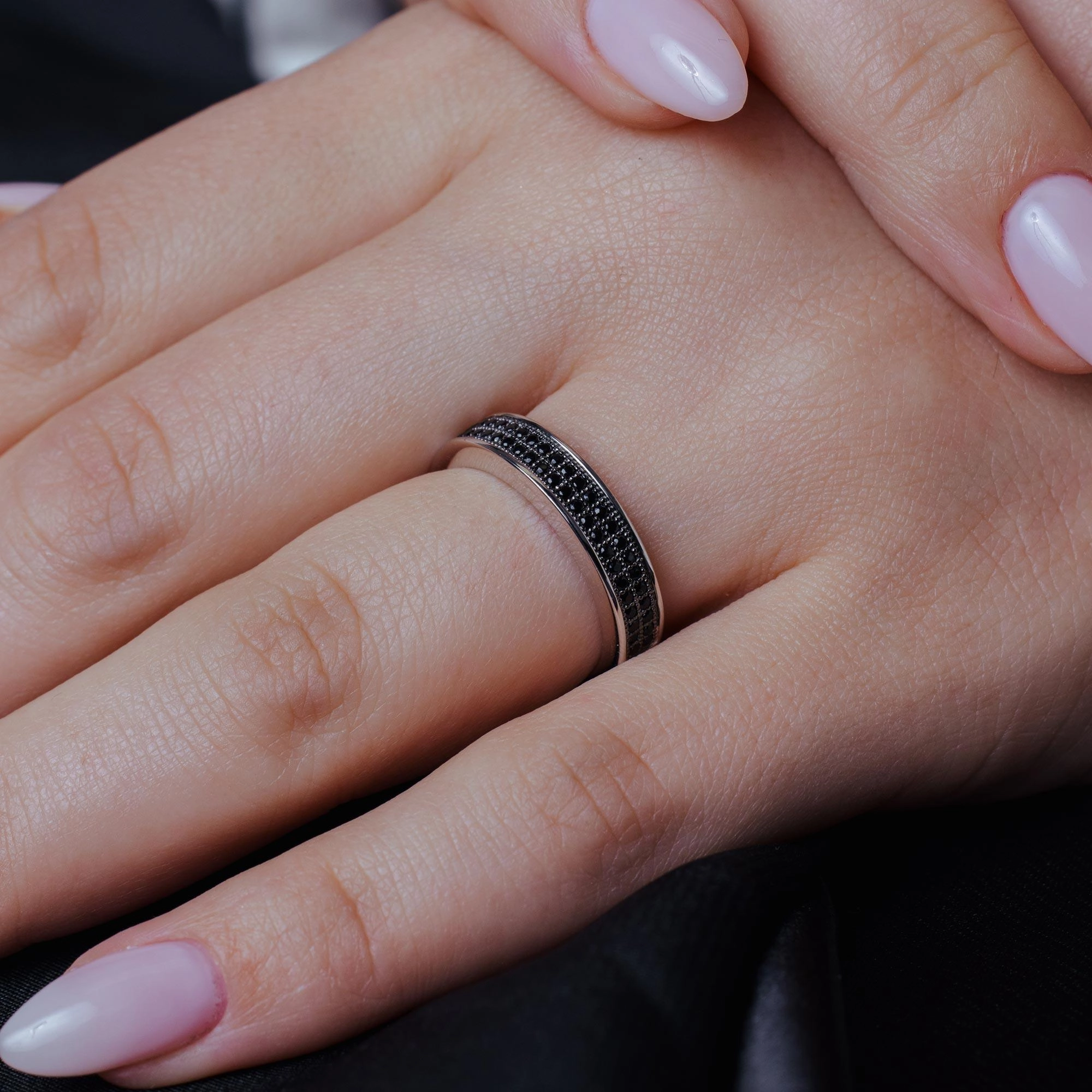 Silver 925 Rhodium Plated Half Micro Pave Black CZ Ring - ACR00052