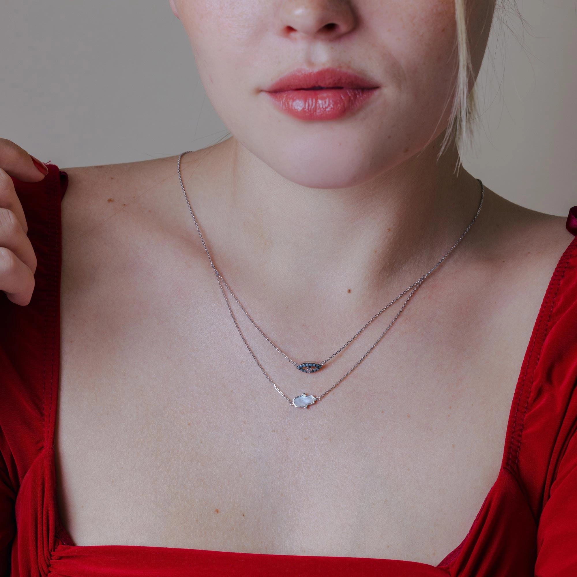 Silver 925 Rhodium Plated Hamsa Hand and Evil Eye Necklace - GMN00015RH