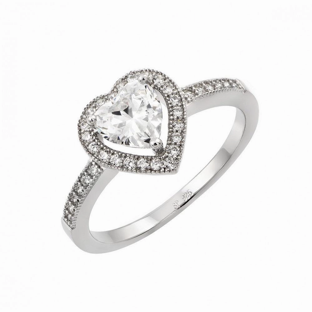 Silver 925 Rhodium Plated Heart Clear CZ Ring - STR00937