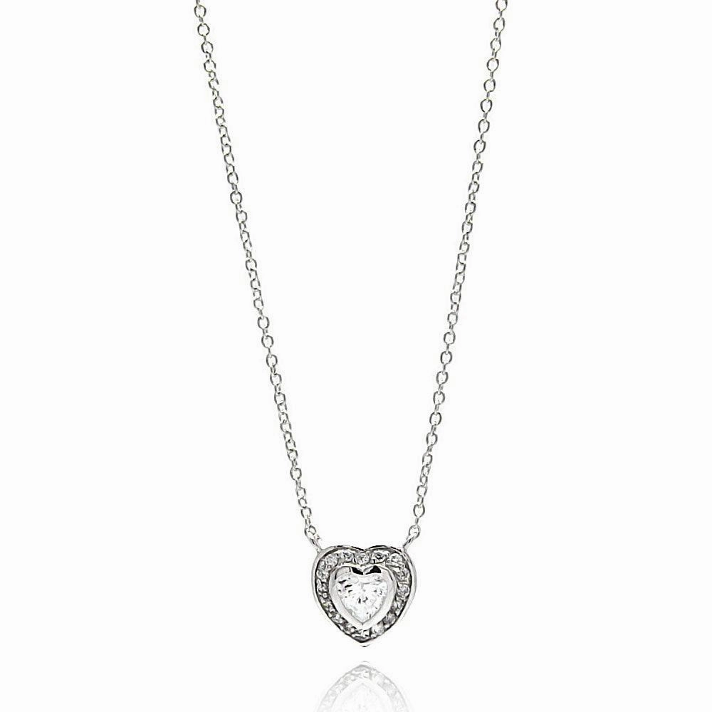Silver 925 Rhodium Plated Heart CZ Necklace - BGP00629