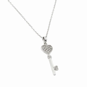 Silver 925 Rhodium Plated Heart Key CZ Necklace - BGP00362