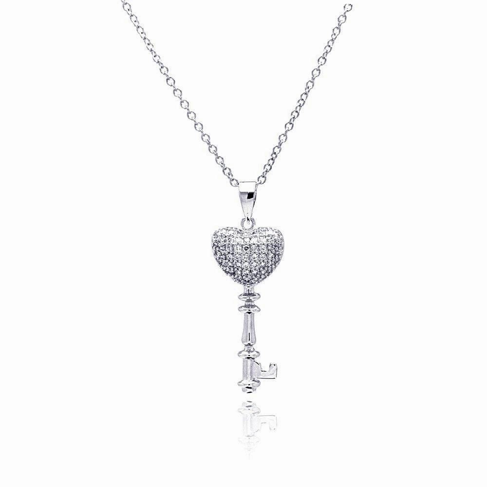Silver 925 Rhodium Plated Heart Key CZ Necklace - BGP00366