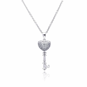 Silver 925 Rhodium Plated Heart Key CZ Necklace - BGP00366