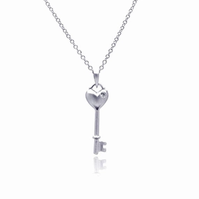 Silver 925 Rhodium Plated Heart Key CZ Necklace - BGP00369