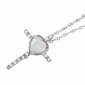 Silver 925 Rhodium Plated Heart Opal Clear CZ Cross Pendant Necklace - BGP01055