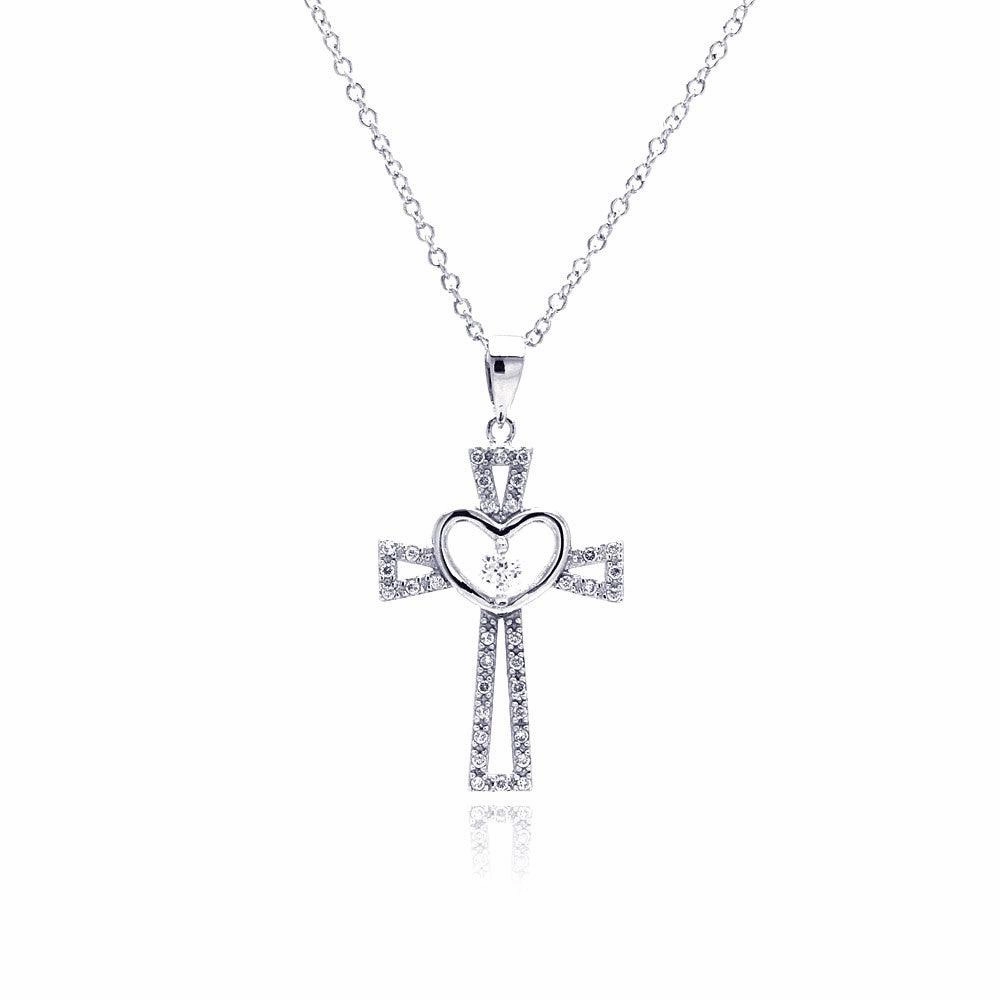 Silver 925 Rhodium Plated Heart Open Cross CZ Necklace - BGP00368