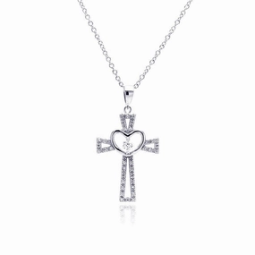 Silver 925 Rhodium Plated Heart Open Cross CZ Necklace - BGP00368