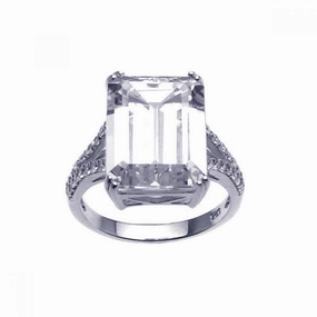 Silver 925 Rhodium Plated Large Clear Square CZ Ring - STR00637