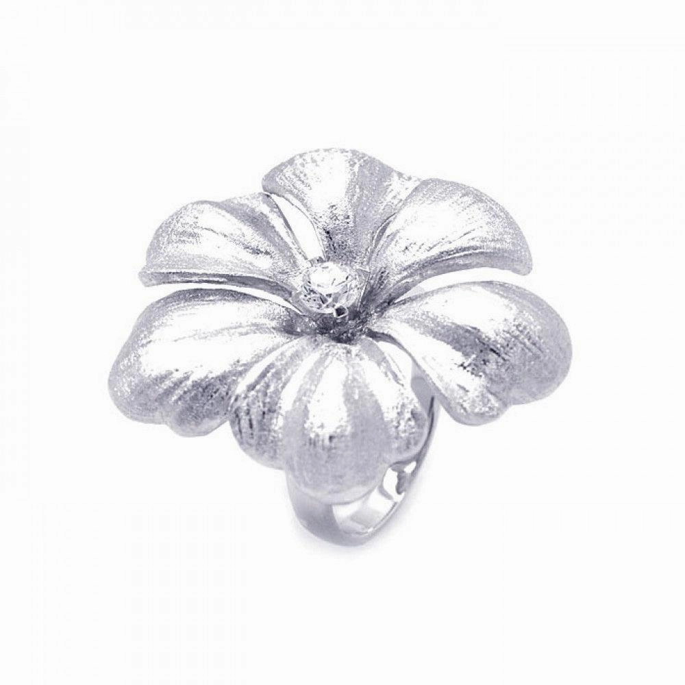 Silver 925 Rhodium Plated Matte Finish Single CZ Flower Ring - STR00820