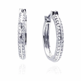 Silver 925 Rhodium Plated Micro Pave Clear CZ Hoop Earrings - ACE00013