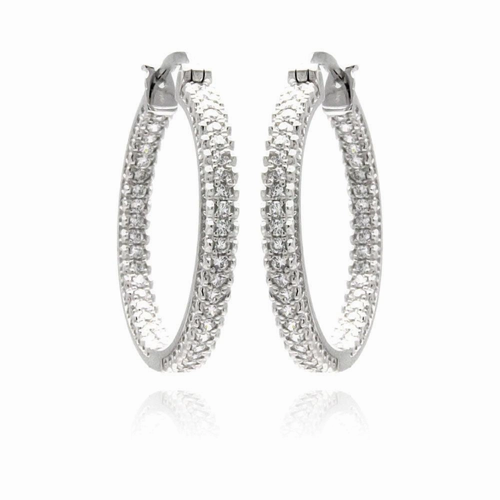 Silver 925 Rhodium Plated Micro Pave Clear CZ Hoop Earrings - ACE00061
