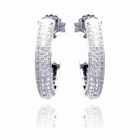 Silver 925 Rhodium Plated Micro Pave Clear Round CZ Hoop Earrings - ACE00056