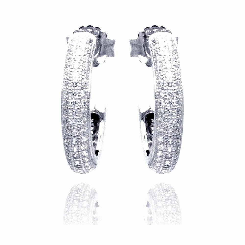Silver 925 Rhodium Plated Micro Pave Clear Round CZ Hoop Earrings - ACE00056