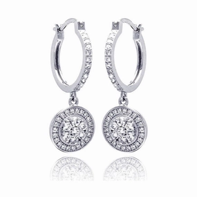 Silver 925 Rhodium Plated Micro Pave Clear Round CZ Wire Dangling huggie hoop Earrings - ACE00059